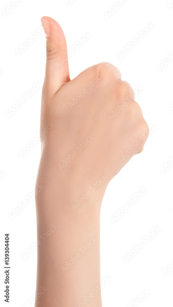 Female hand showing thumb up ok all right victory hand sign gesture. Gestures and signs. Body language on white background Female hand showing thumb up ok all right victory hand sign gesture. Gestures and signs. Body language on white background