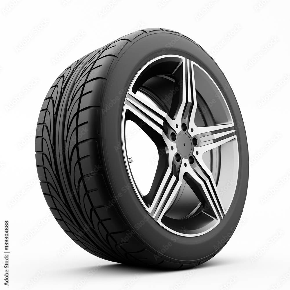 Obraz premium 3D rendering of a car wheel on a white background.