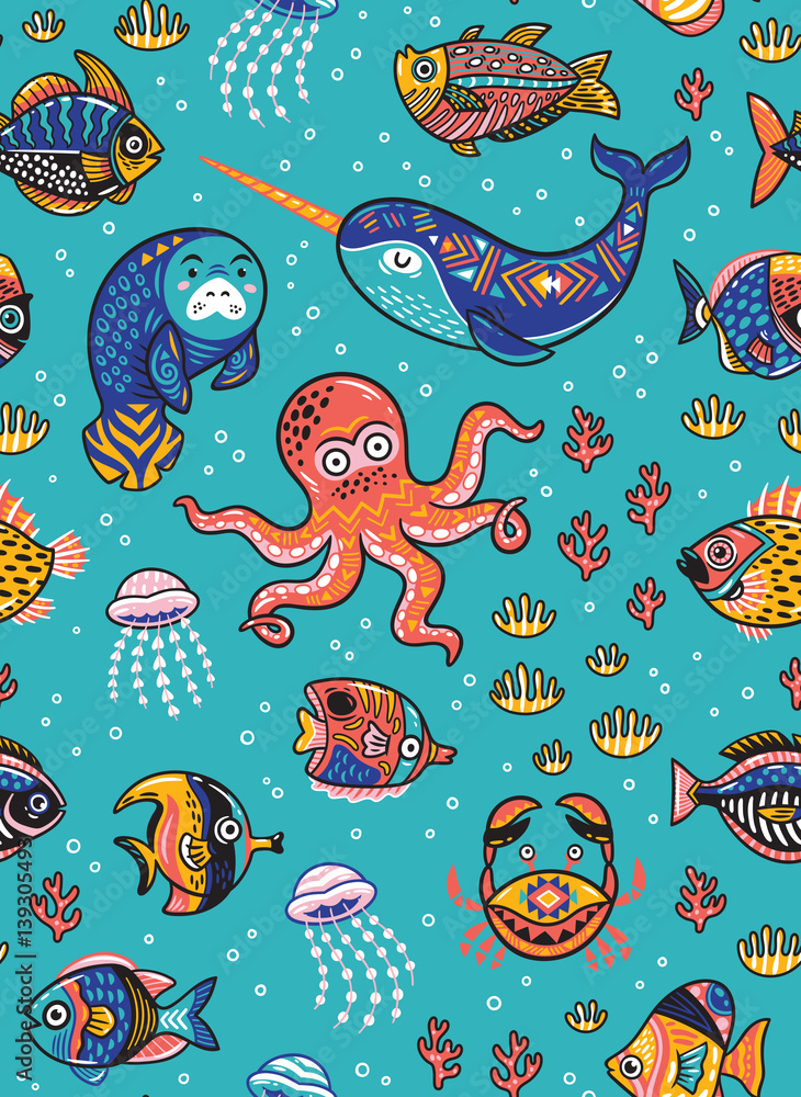 Naklejka premium Aquatic animals seamless pattern. Vector illustration