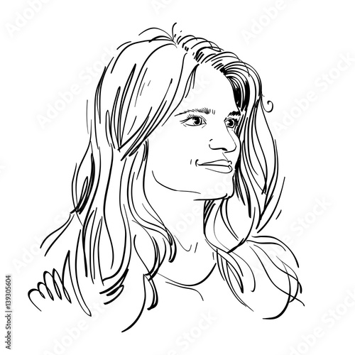 Vector portrait of attractive pensive woman, illustration of good-looking romantic female. Person emotional face expression.