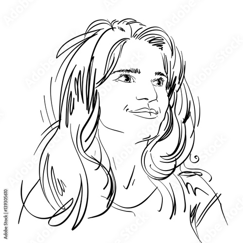 Portrait of delicate bemused good-looking woman, black and white vector drawing. Emotional expressions idea image.