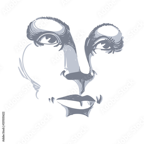 Black and white illustration of lady face, delicate visage features. Eyes and lips of a woman expressing positive emotions.