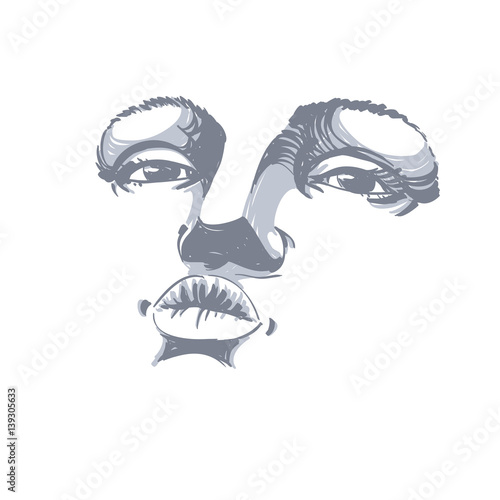 Black and white illustration of lady face, delicate visage features. Eyes and lips of a woman expressing positive emotions, delicate stylish tender girl giving a kiss
