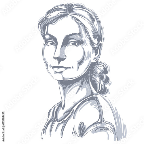 Vector portrait of attractive dreamy woman, illustration of peaceful and calm girl. Person emotional face expression.