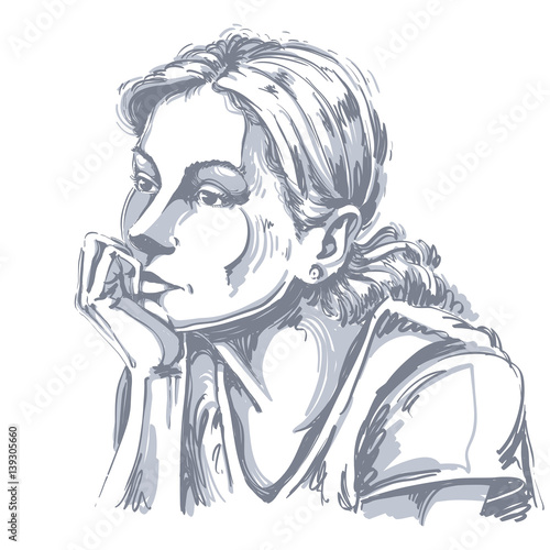 Artistic hand-drawn vector image, black and white portrait of delicate melancholic peaceful girl. Emotions theme illustration. Cute girl thinking about something.