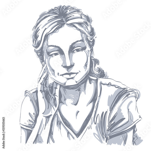 Vector drawing of thinking woman with stylish haircut. Black and white portrait of attractive peaceful and calm lady, model posing.