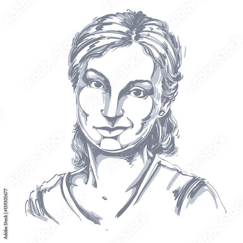 Hand-drawn vector illustration of beautiful skeptic woman, I do not believe you. Monochrome image, expressions on face of young lady, doubter.