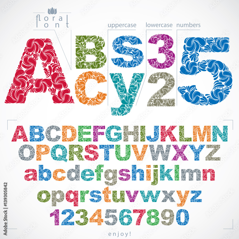 Floral alphabet sans serif letters and numbers drawn using abstract ...