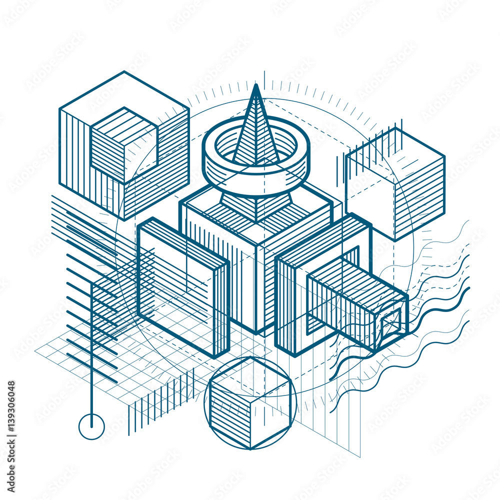 Fototapeta premium Abstract design with 3d linear mesh shapes and figures, vector isometric background. Cubes, hexagons, squares, rectangles and different abstract elements.