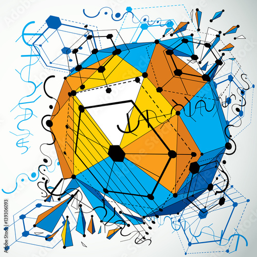 Geometric Bauhaus 3d vector colorful background with low poly abstract demolished object created from honeycombs and connected lines. Best for use as advertising poster or banner design.