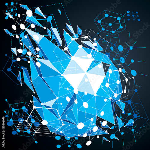 Geometric Bauhaus 3d vector blue background with low poly abstract demolished object created from circles and connected lines. Best for use as advertising poster or banner design.