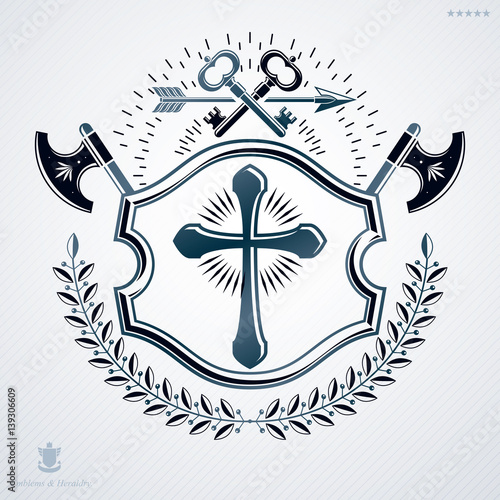 Luxury heraldic vector emblem template made using Christian religious cross and armory