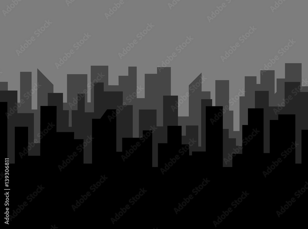 Poster vector template with dark city skyline. Lot of gray buildings silhouettes - banner concept for real estate agency. Flat style grayscale illustration