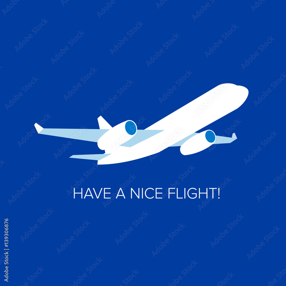 White jet airplane at navy blue background. Flat vector clip art. Greeting card or poster template - plain in the sky. With place for text. White jet airplane at navy blue background. Flat vector clip art. Greeting card or poster template - plain in the sky. With place for text.