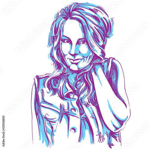 Vector art drawing, portrait of gorgeous flirting girl isolated on white. Facial expressions, people positive emotions, sexy lady with long wavy hair.