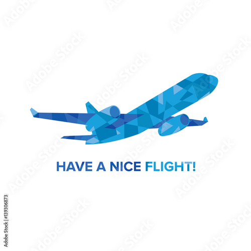 Blue jet airplane with patterns isolated on white background. Flat vector clip art. Greeting card or poster template - plain in the sky. With place for text
