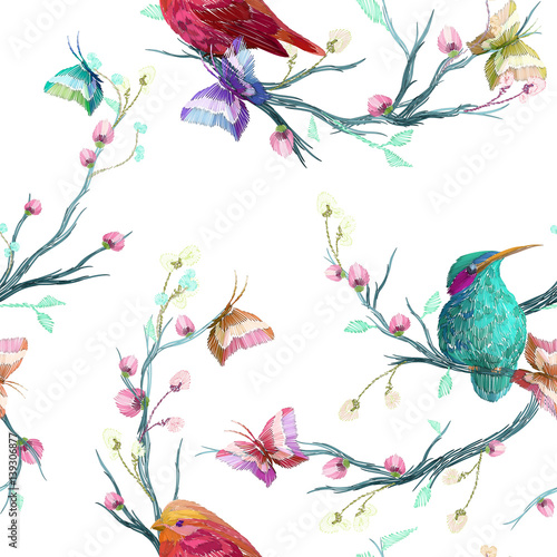 Vintage Seamless pattern: bird, butterfly and flower, leaf, branch, isolated on background. Imitation of embroidery, watercolor. Hand drawn vector illustration, separated editable elements.