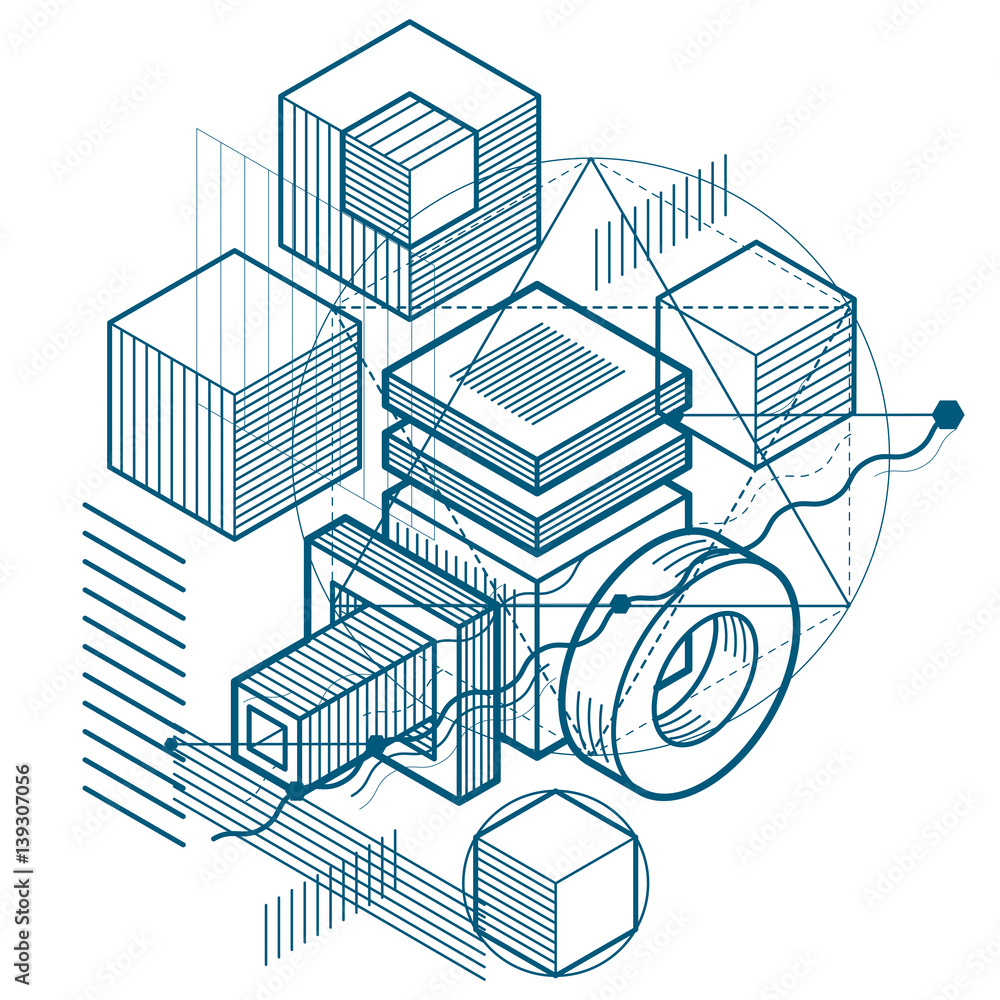 3d abstract vector isometric background. Layout of cubes, hexagons, squares, rectangles and different abstract elements. 3d abstract vector isometric background. Layout of cubes, hexagons, squares, rectangles and different abstract elements.