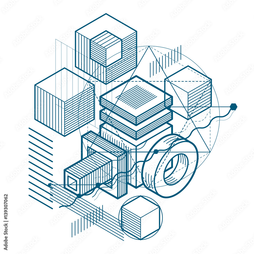 Abstract design with 3d linear mesh shapes and figures, vector isometric background. Cubes, hexagons, squares, rectangles and different abstract elements.