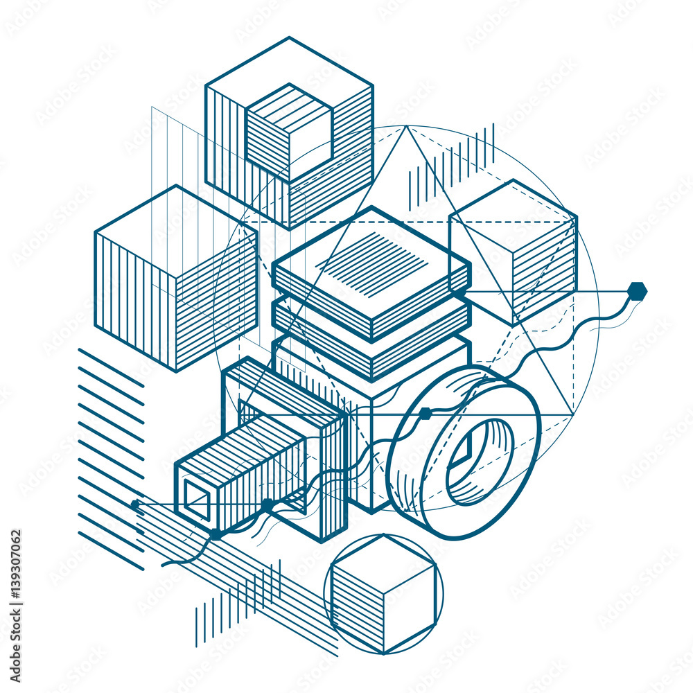 Abstract design with 3d linear mesh shapes and figures, vector isometric background. Cubes, hexagons, squares, rectangles and different abstract elements. Abstract design with 3d linear mesh shapes and figures, vector isometric background. Cubes, hexagons, squares, rectangles and different abstract elements.