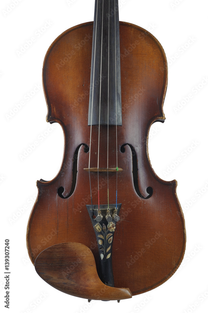 one violin image .old brown stringed wooden instrument isolated on the white background one violin image .old brown stringed wooden instrument isolated on the white background