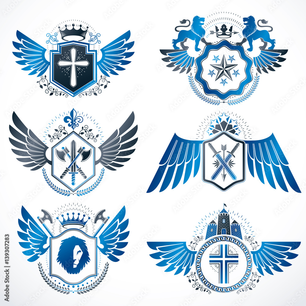 Collection of vector heraldic decorative coat of arms isolated on white and created using vintage design elements, monarch crowns, pentagonal stars, armory, wild animals. Collection of vector heraldic decorative coat of arms isolated on white and created using vintage design elements, monarch crowns, pentagonal stars, armory, wild animals.