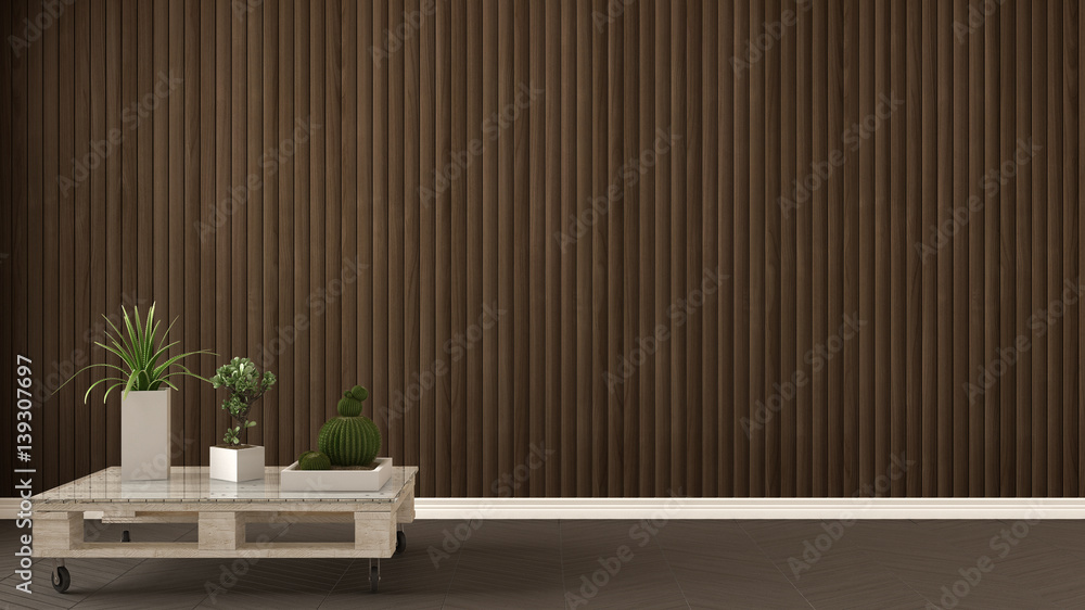 Empty room with diy pallet table and succulent potted plants on herringbone parquet, wooden wall, background interior design Empty room with diy pallet table and succulent potted plants on herringbone parquet, wooden wall, background interior design