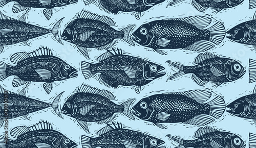 Vector seamless pattern with fishes, different species. Underwater life theme wallpaper, for use in graphic design.