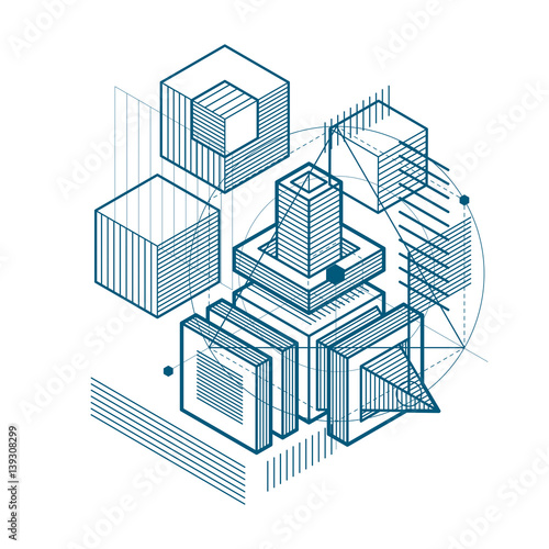 Isometric linear abstract vector background  lined abstraction. Cubes  hexagons  squares  rectangles and different abstract elements.