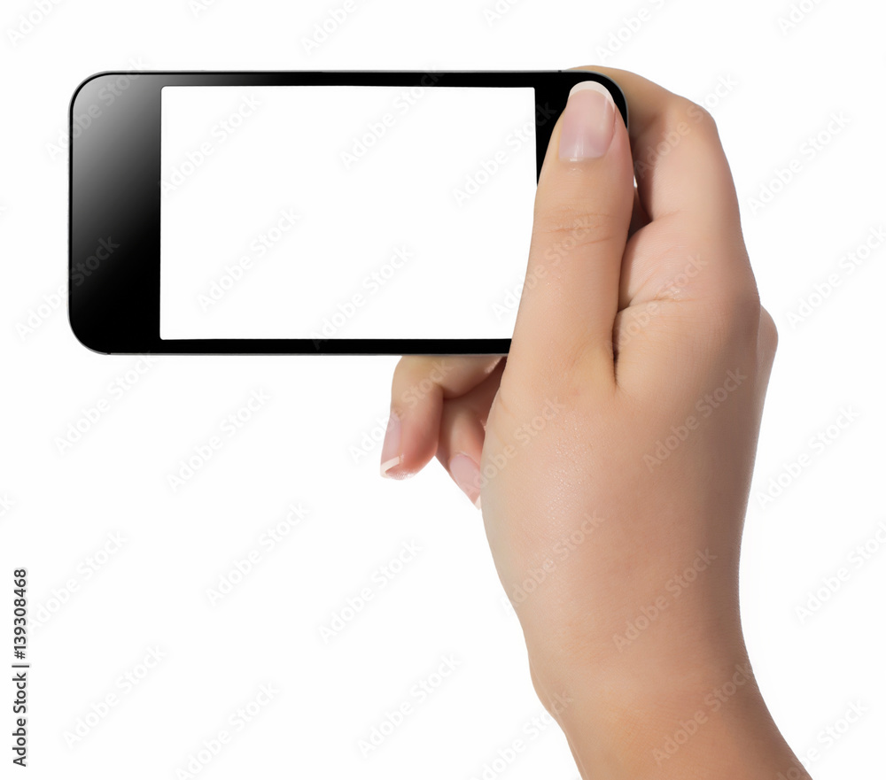 Hand with smart phone white screen isolated on white background with clipping path Hand with smart phone white screen isolated on white background with clipping path