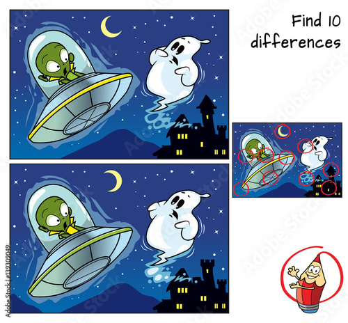 Alien on a UFO and ghost. Find 10 differences. Educational game for children. Cartoon vector illustration.