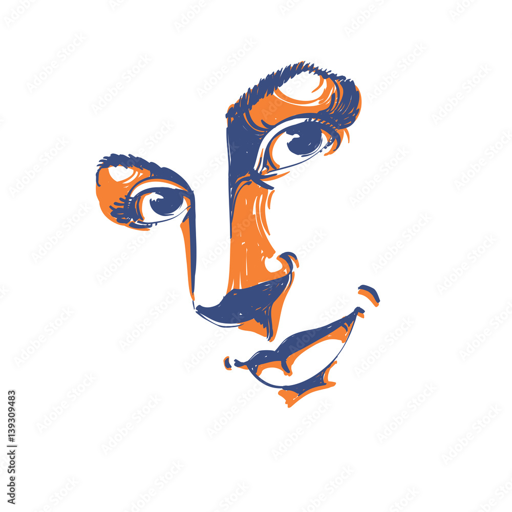 Handdrawn art portrait of whiteskin romantic woman, face emotions