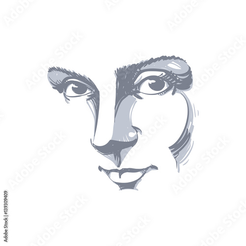 Black and white illustration of lady face, delicate visage features. Eyes and lips of delicate romantic woman expressing positive emotions.