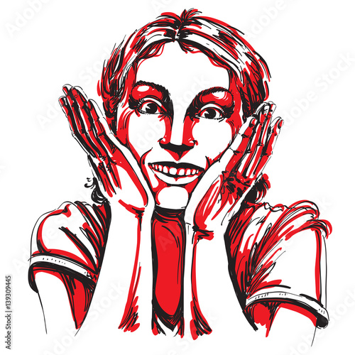 Hand-drawn portrait of white-skin surprised happy woman, gesturing. Face emotions theme illustration. Beautiful shocked lady posing on white background.