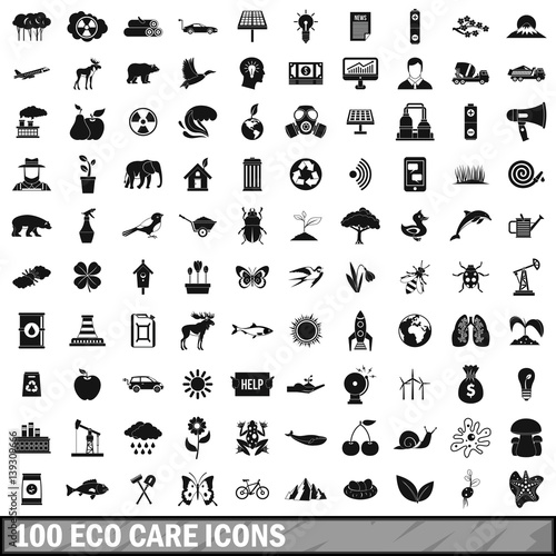 100 eco care icons set in simple style