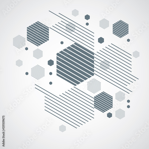 Bauhaus retro wallpaper, art vector monochrome background made using grid, circles and rhombuses. Geometric graphic 1960s illustration can be used as booklet cover design. Technological pattern.