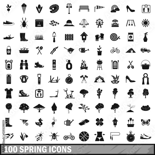 100 spring icons set in simple style 