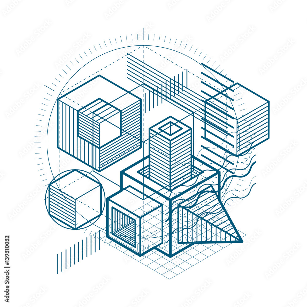3d abstract vector isometric background. Layout of cubes, hexagons, squares, rectangles and different abstract elements. 3d abstract vector isometric background. Layout of cubes, hexagons, squares, rectangles and different abstract elements.