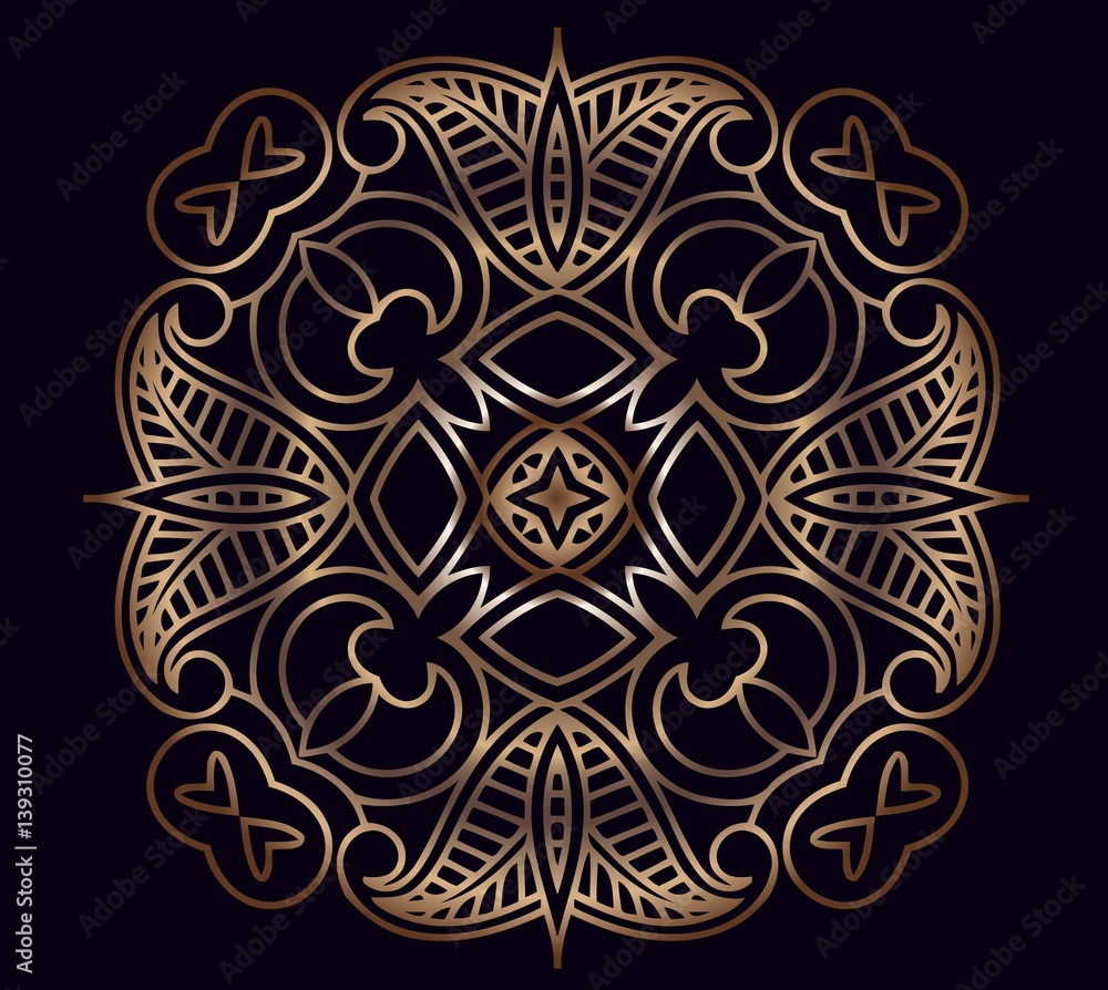 Abstract symmetrical openwork mandala vector oriental decor retro delicate gold on a black background
