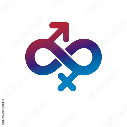 Eternal Couple conceptual logo, vector symbol created with infinity sign and male Mars an female Venus signs. Relationship idea.