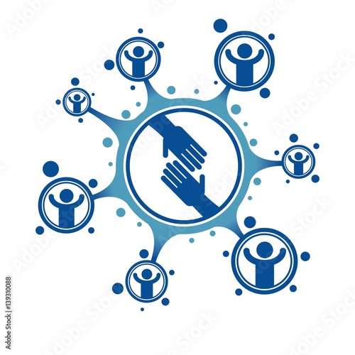 Social Relations conceptual logo, unique vector symbol. Hands contacting and Handshake sign, social deal, social interaction.