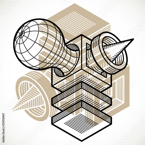 Abstract trigonometric construction, vector dimensional design template.