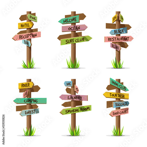 Colored wooden arrow signboards resort vector set. Wood sign post concept with grass. Board pointer illustration with text isolated on a white background