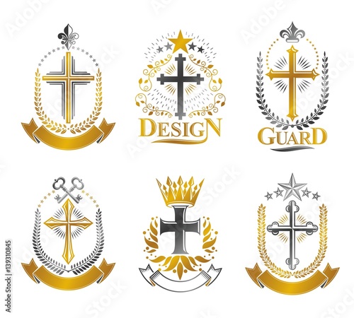 Crosses of Christianity emblems set. Heraldic vector design elements collection. Retro style label, heraldry logo.
