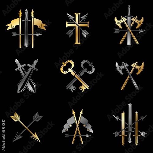 Vintage Weapon Emblems set. Heraldic Coat of Arms, vintage vector emblems collection.