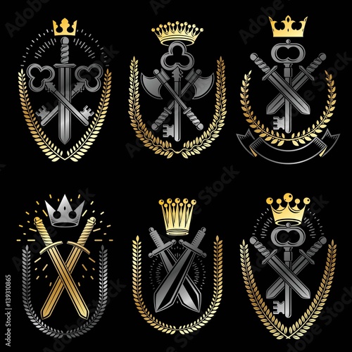 Vintage Weapon Emblems set. Heraldic Coat of Arms, vintage vector emblems collection.
