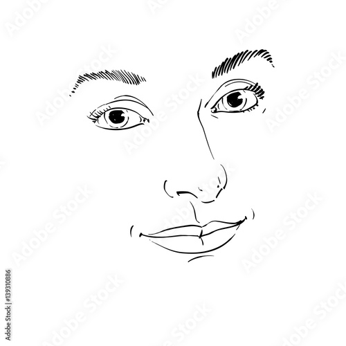 Vector art drawing, portrait of gorgeous happy smiling girl isolated on white. Facial expressions, people positive emotions. Features of beautiful girl.