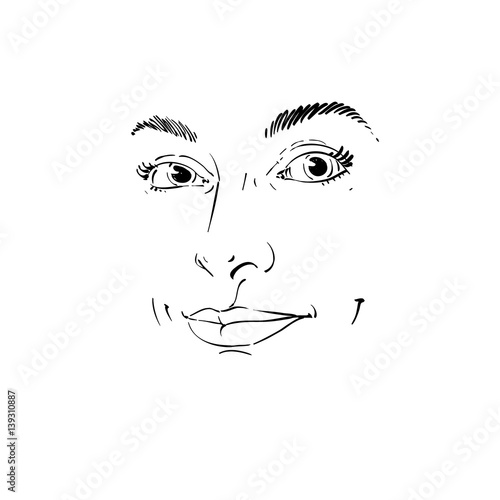 Vector art drawing, portrait of gorgeous happy smiling girl isolated on white. Facial expressions, people positive emotions. Features of beautiful girl.
