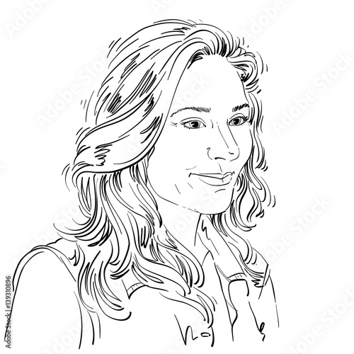Vector art drawing, portrait of gorgeous dreamy girl isolated on white. Facial expressions, people positive emotions. Caucasian melancholic woman.