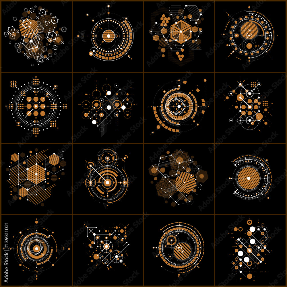 Bauhaus art, decorative modular vector wallpaper made using striped hexagons and circles. Retro style pattern, graphic backdrop for use as booklet cover template. Illustration of engineering system.